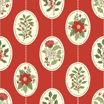 Retro Christmas vector seamless pattern: oval floral cameos and stripes. Nostalgic winter botanical design with poinsettia, mistletoe and holly. Vintage Victorian traditional framed holiday motifs