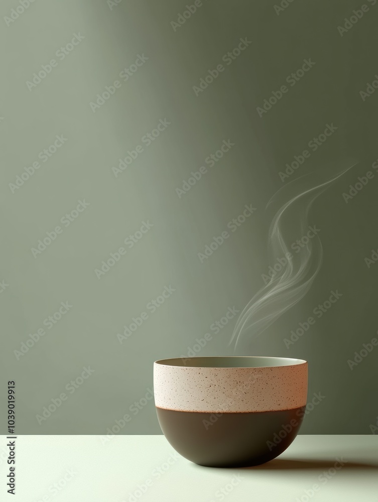 Poster a tea cup releases smooth, curling steam, creating a warm atmosphere in a serene, minimalist space w
