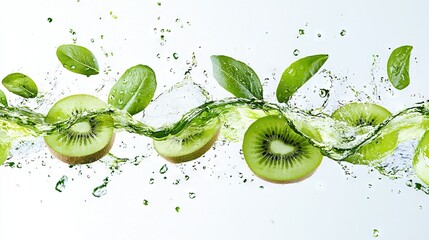   Group of Kiwi Slice with Leaf Water Background