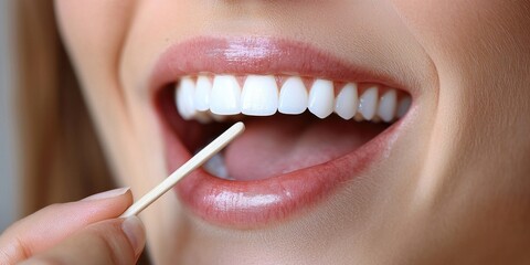 Fototapeta premium Close-up of a woman's mouth holding a wooden stick