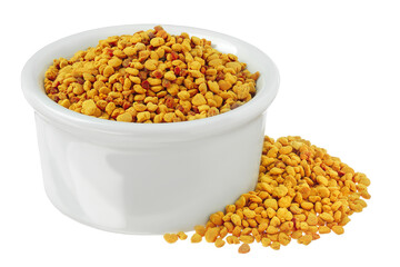 Bee pollen grains in ceramic bowl isolated on white background