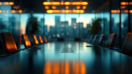Blurry shot of minimalist corporate boardroom using tiltshift photography to focus on the sleek table while the background fades into soft abstraction
