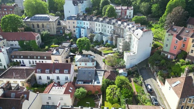 Low Angle of View of Buildings at Hotwells Central Bristol City of Southwest of England, United Kingdom. High Angle Footage Was Captured with Drone's Camera from Medium High Altitude on May 26th, 202