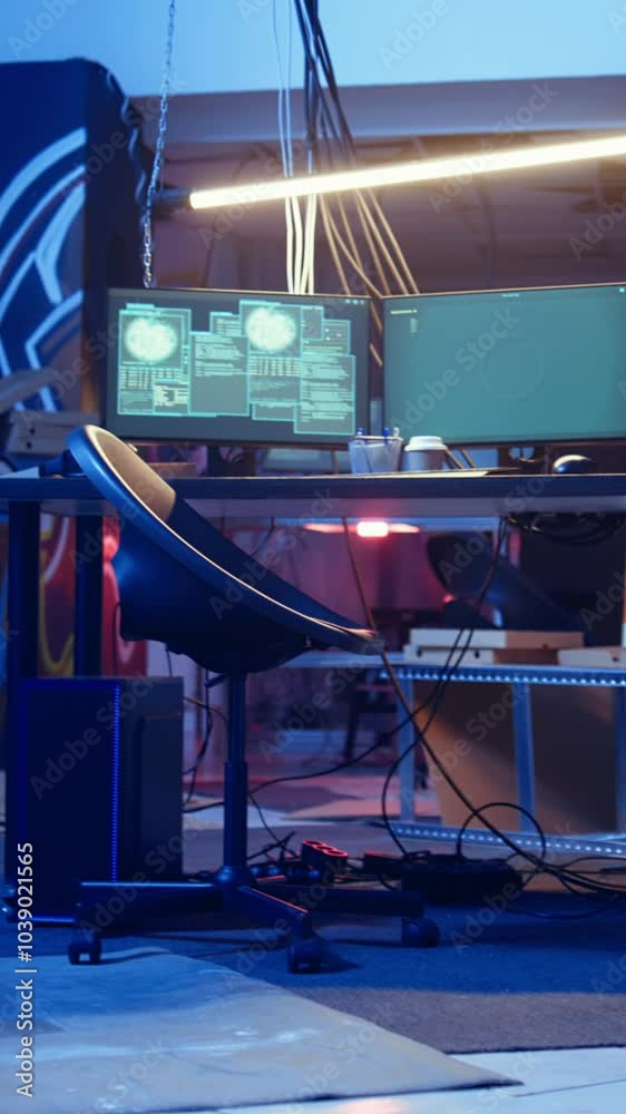 Poster vertical video high tech computer system running malicious code in empty basement, handheld camera s