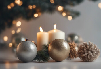 Set of christmas balls decoration with fir branch and candle isolated transparent