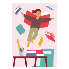 Student Girl Joyfully Flies In Classroom Surrounded By Books Symbolizing The Excitement And Adventure Of Back To School