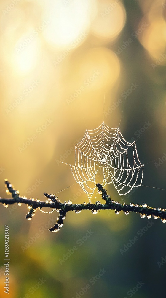Wall mural a detailed image of a spider web on a tree branch with droplets of water hanging from it