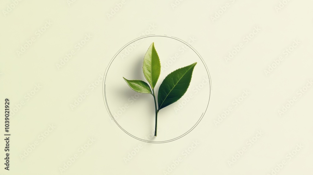 Poster fresh tea leaves are arranged in a circular design on a soft background, highlighting their vibrant 