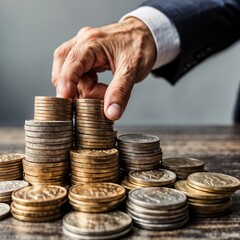 Primer plano de un hombre de negocios con una pila de monedas, creado por AI.