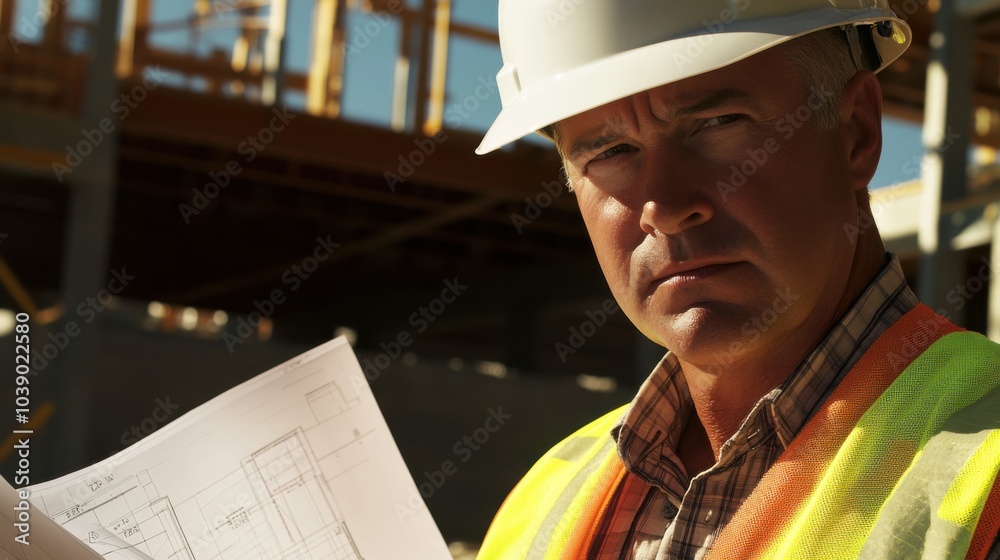 Poster a construction worker in a white hard hat and reflective vest, inspecting blueprints with a critical