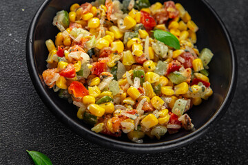 salad corn tasty food snack dishf resh gourmet food background on the table rustic food top view copy space top view Vegetarian and vegan food