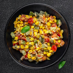 salad corn tasty food snack dishf resh gourmet food background on the table rustic food top view copy space top view Vegetarian and vegan food