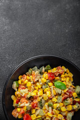 salad corn tasty food snack dishf resh gourmet food background on the table rustic food top view copy space top view Vegetarian and vegan food