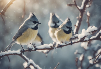 Three titmouse birds in winter