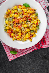 salad corn tasty food snack dishf resh gourmet food background on the table rustic food top view copy space top view Vegetarian and vegan food