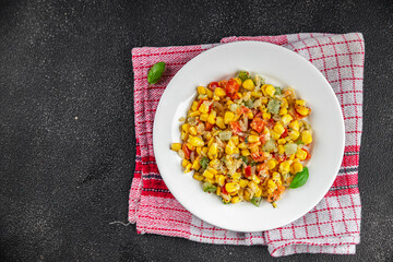 salad corn tasty food snack dishf resh gourmet food background on the table rustic food top view copy space top view Vegetarian and vegan food
