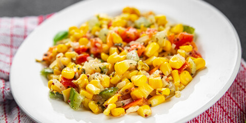 salad corn tasty food snack dishf resh gourmet food background on the table rustic food top view copy space top view Vegetarian and vegan food