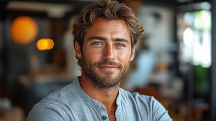 Fototapeta premium Confident Young Man Smiling. Manager of Crowdfunding and Crowdinvesting Platforms