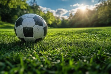 Fototapeta premium A soccer ball resting on lush green grass during a beautiful sunset in a serene park