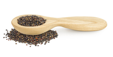 black quinoa in wooden spoon isolated on white background