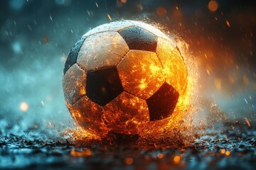 A fiery soccer ball splashes in water, showcasing vibrant colors and dynamic movement at dusk