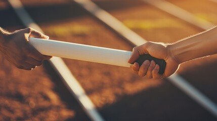 A track and field relay baton with a focus on the handoff area, outdoor setting with midday sun, Dynamic style