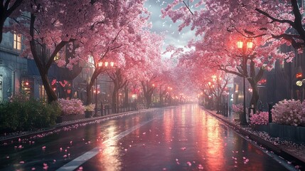 A tranquil city street under the soft pink canopy of cherry blossom trees in full bloom, with the glow of street lights punctuating the scene