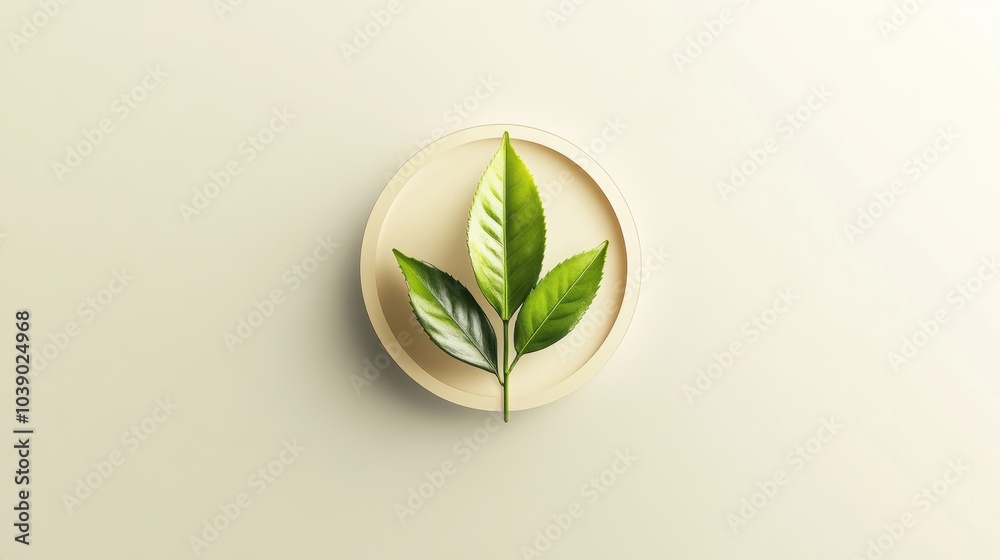 Leinwandbilder freshly picked tea leaves rest within a circular beige border, emphasizing natural beauty and simpli