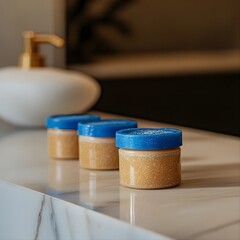 Naklejka premium a straight on image of body scrubs with blue caps sitting on a counter