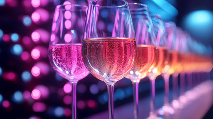 Row of sparkling champagne glasses standing on a bar illuminated with neon light