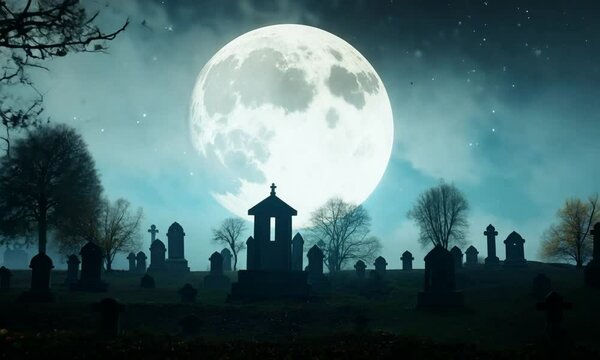 Creepy zombie on graveyard with Cemetery background and scary monsters silhouette with gravestones