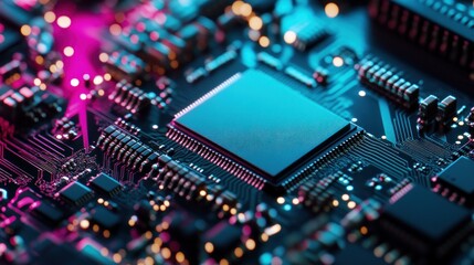 Obraz premium Close-up of a Circuit Board with a Blue Chip