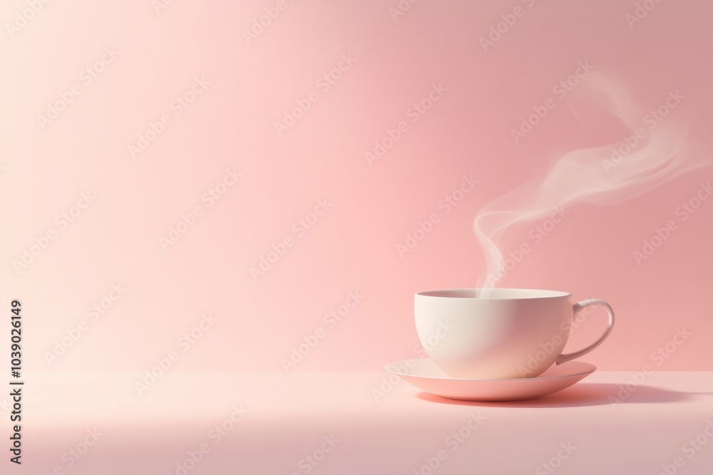 Poster a cup of tea releases gently curling steam, creating an inviting atmosphere against a soft pink back