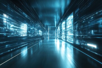 A futuristic corridor filled with glowing blue digital data and light effects at night