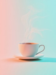 A beautifully crafted tea cup rests on a saucer, with smooth steam curling upward in a serene, colorful ambiance. Generative AI