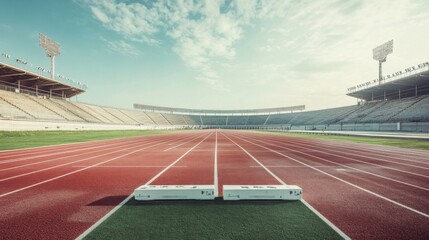 Obraz premium A track and field stadium with lanes and starting blocks, empty stands, Contemporary style