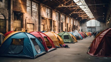 Tents along a street, embodying the harsh reality of homelessness and poverty in the city's shadows