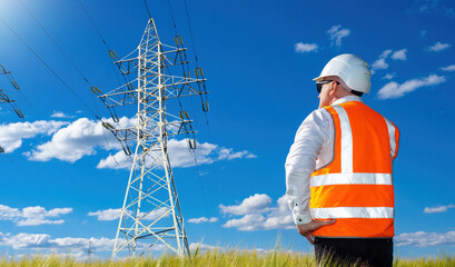 Support for high-altitude power lines. Man energy specialist. Construction of infrastructure for electrification. Man builder has his back to camera. High-altitude power transmission lines over field