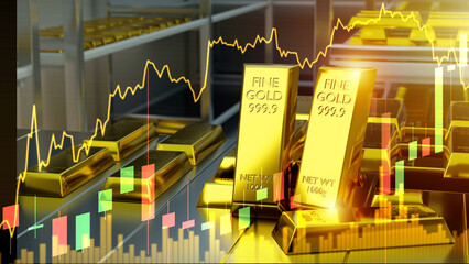Rising gold prices. Golden ingots on iron racks. Increase in cost of precious metals. Gold price...