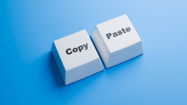 Copy paste keyboard buttons. Keys for copying and pasting information. Copy paste buttons on blue. Keys for duplicating information conception of creating plagiarism. Copy paste inscription. 3d image
