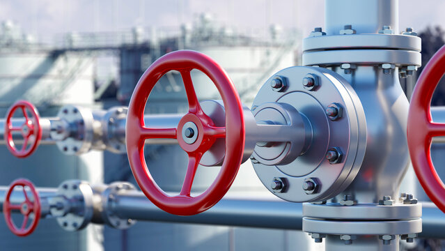 Pipes near oil plant. Petroleum industry. Red valves on metal pipes. Pipeline near oil refinery. Production and transportation of petroleum. Fuel infrastructure. Fuel supply pipeline. 3d image