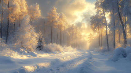 A serene winter rural scene featuring winter  landscape of forest covered with snow on nature at sunset 