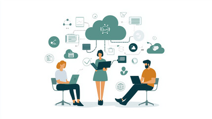 Modern illustration of professionals working remotely via cloud technology, highlighting seamless digital collaboration, virtual communication, and efficient teamwork in a business environment.