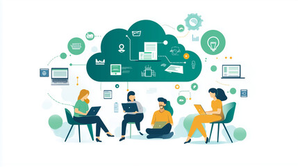 Modern illustration of professionals working remotely via cloud technology, highlighting seamless digital collaboration, virtual communication, and efficient teamwork in a business environment.