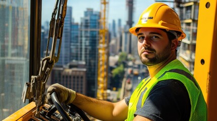 A crane operator in a bright yellow helmet and vest, looking directly at the camera while operating the crane鈥檚 controls, with a construction site of high-rise structures in the background