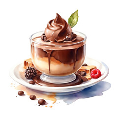 Panna cotta - traditional Italian cream dessert in a glass jar. Stawberry, chochkolate, pistaccio, coffee, cacao, rose. Watercolor illustration isolated on white background