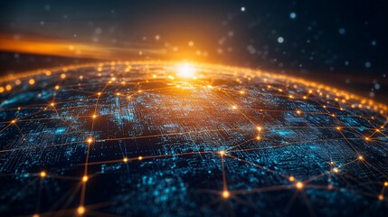 Obraz premium Abstract Digital Network Over a Globed Earth With Orange Glow