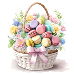 Different flavors and colors French macaroons with flowers. Watercolor illustrations set isolated on white background. Macaroons in basket