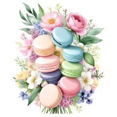 Different flavors and colors French macaroons with flowers. Watercolor illustration isolated on white background