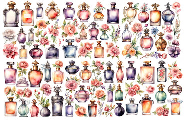 Perfume bottles with flowers watercolor illustrations set. Beauty fashion collection isolated on white background